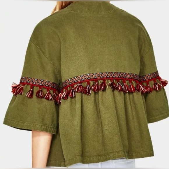 ZARA BASIC Dept. Z1975 DENIM Bell Sleeve Cotton Jacket W/ Fringe Trim L Olive - Picture 5 of 12